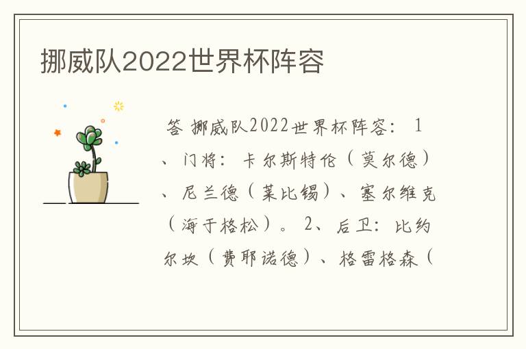 挪威队2022世界杯阵容