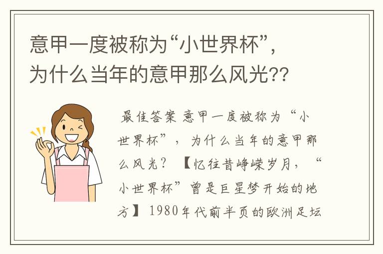 意甲一度被称为“小世界杯”,为什么当年的意甲那么风光??
