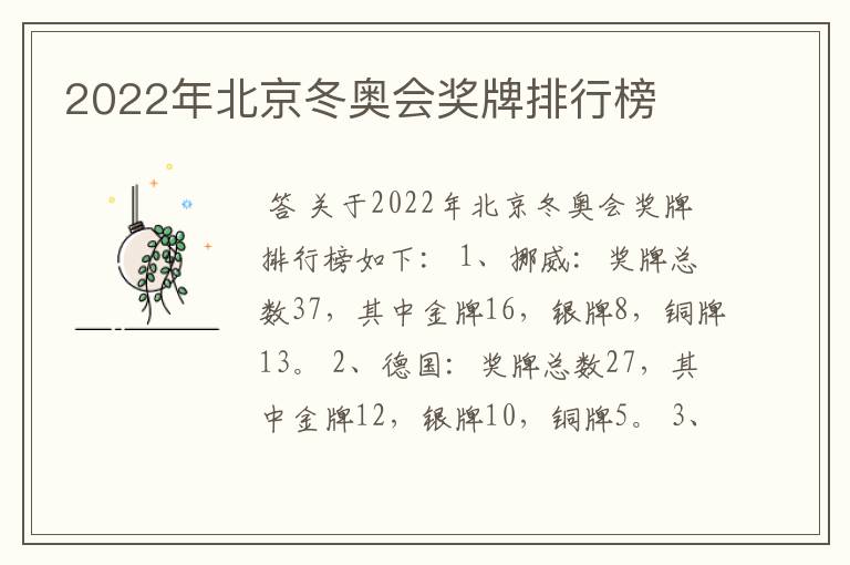 2022年北京冬奥会奖牌排行榜