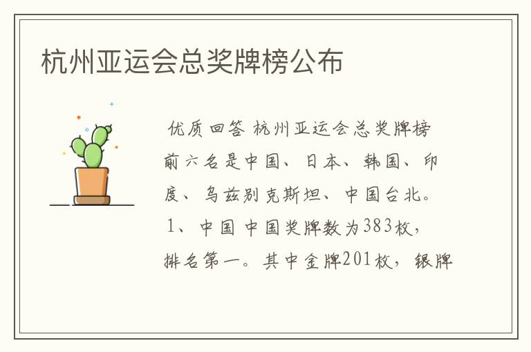 杭州亚运会总奖牌榜公布