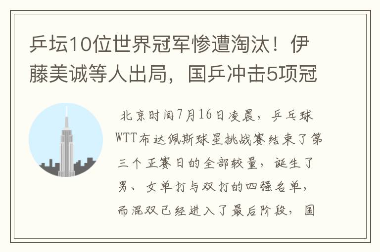 乒坛10位世界冠军惨遭淘汰！伊藤美诚等人出局，国乒冲击5项冠军