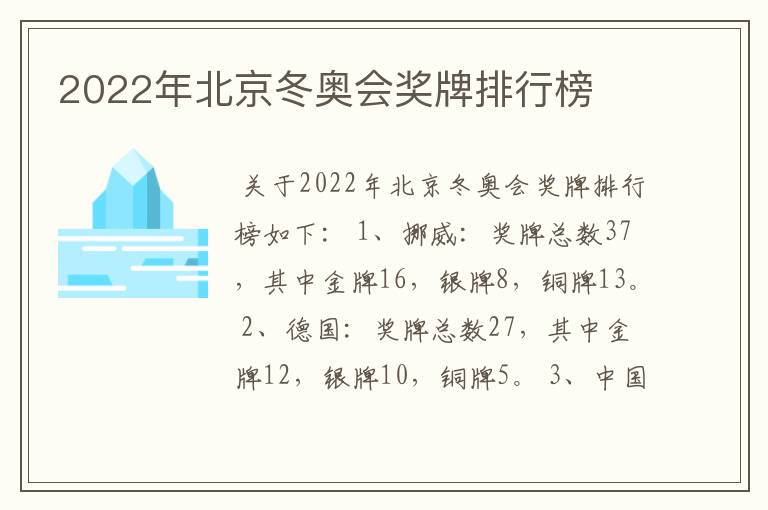 2022年北京冬奥会奖牌排行榜