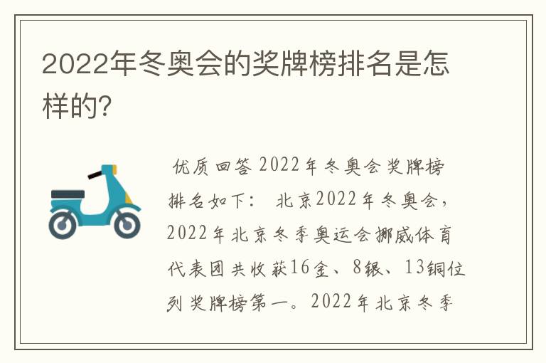 2022年冬奥会的奖牌榜排名是怎样的？