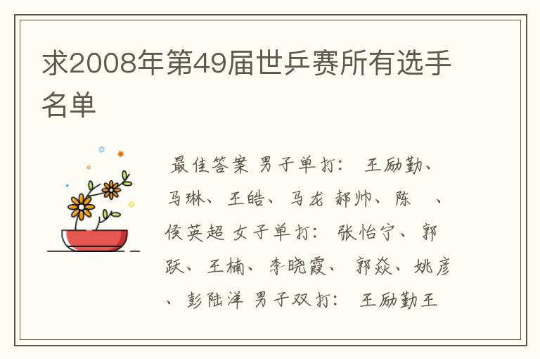 求2008年第49届世乒赛所有选手名单