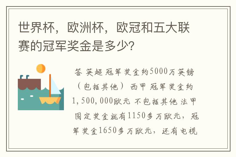 世界杯，欧洲杯，欧冠和五大联赛的冠军奖金是多少？