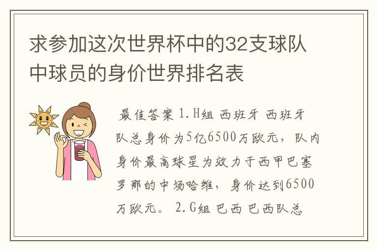 求参加这次世界杯中的32支球队中球员的身价世界排名表