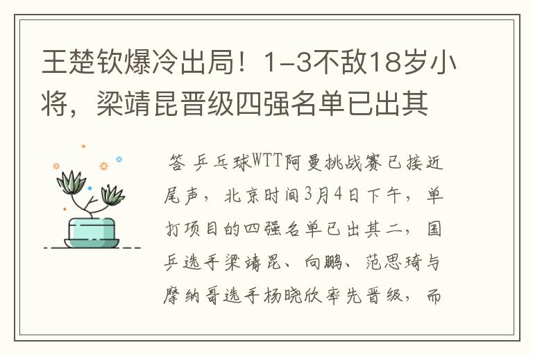 王楚钦爆冷出局！1-3不敌18岁小将，梁靖昆晋级四强名单已出其二