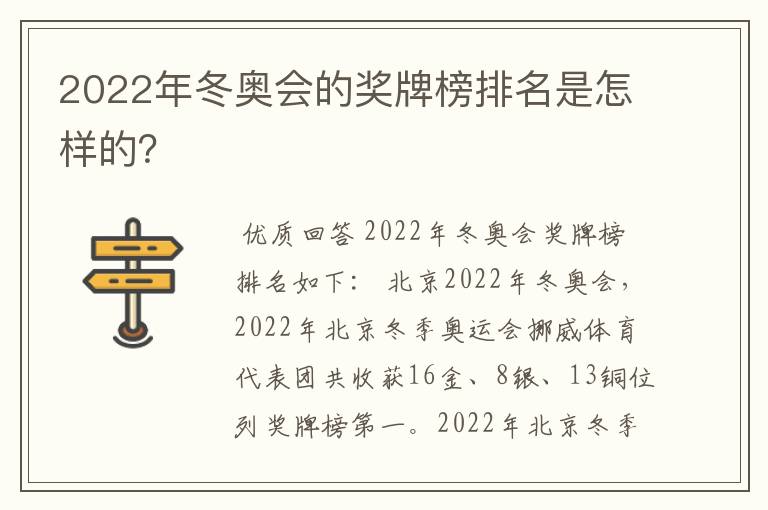 2022年冬奥会的奖牌榜排名是怎样的？