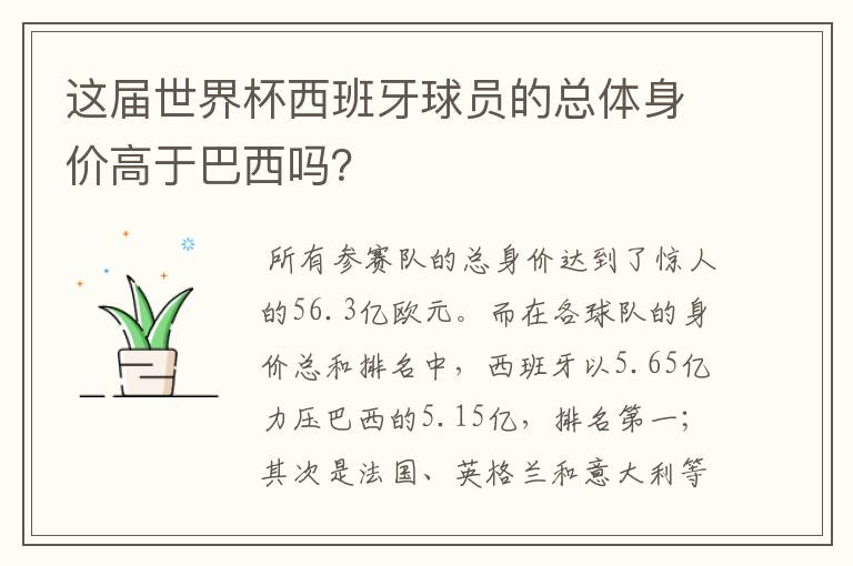 这届世界杯西班牙球员的总体身价高于巴西吗？