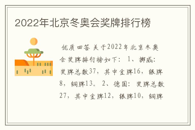 2022年北京冬奥会奖牌排行榜