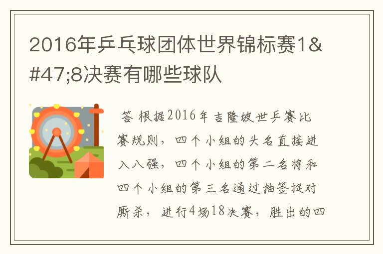 2016年乒乓球团体世界锦标赛1/8决赛有哪些球队