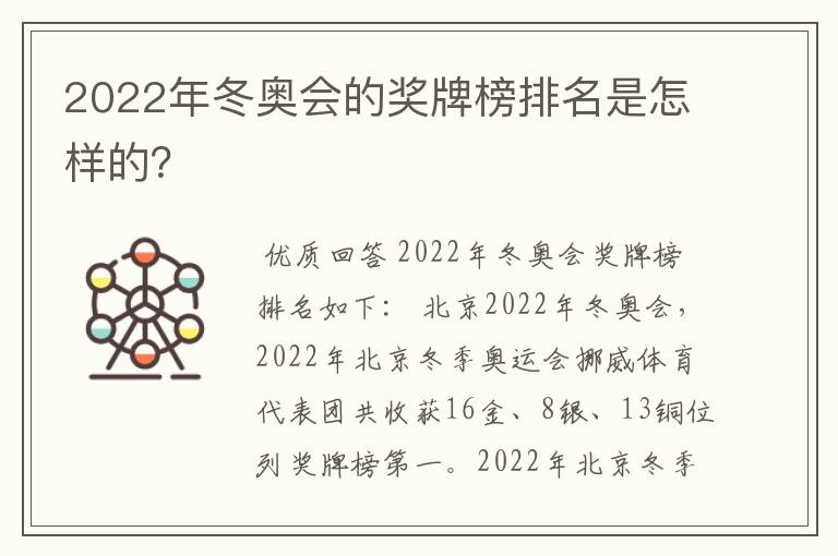 2022年冬奥会的奖牌榜排名是怎样的？