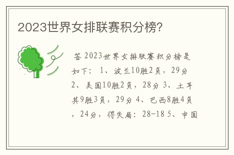 2023世界女排联赛积分榜？