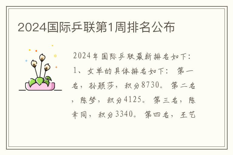 2024国际乒联第1周排名公布