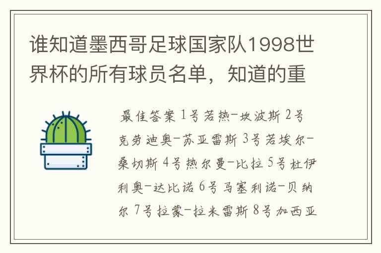 谁知道墨西哥足球国家队1998世界杯的所有球员名单，知道的重赏