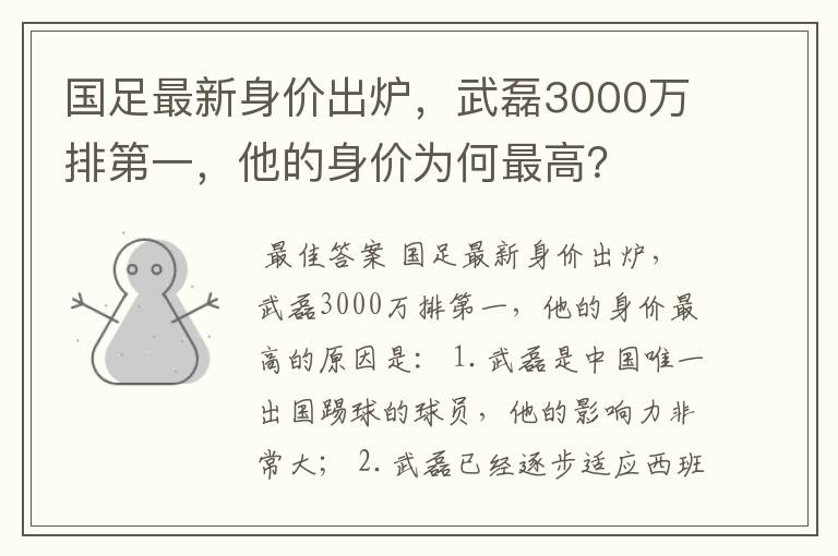 国足最新身价出炉，武磊3000万排第一，他的身价为何最高？