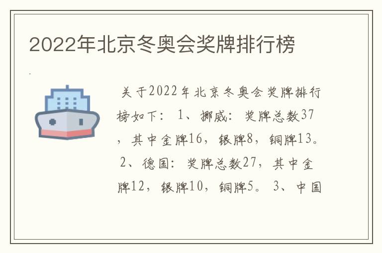 2022年北京冬奥会奖牌排行榜