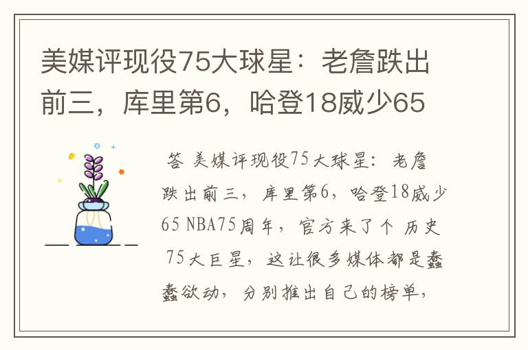 美媒评现役75大球星：老詹跌出前三，库里第6，哈登18威少65