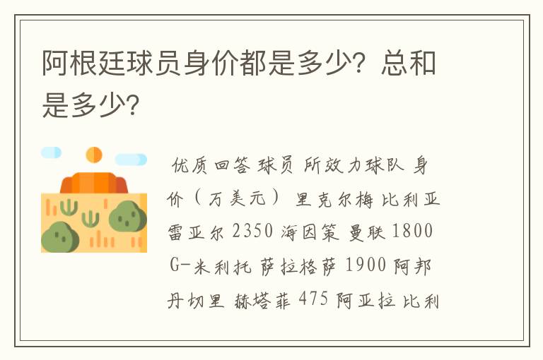 阿根廷球员身价都是多少？总和是多少？