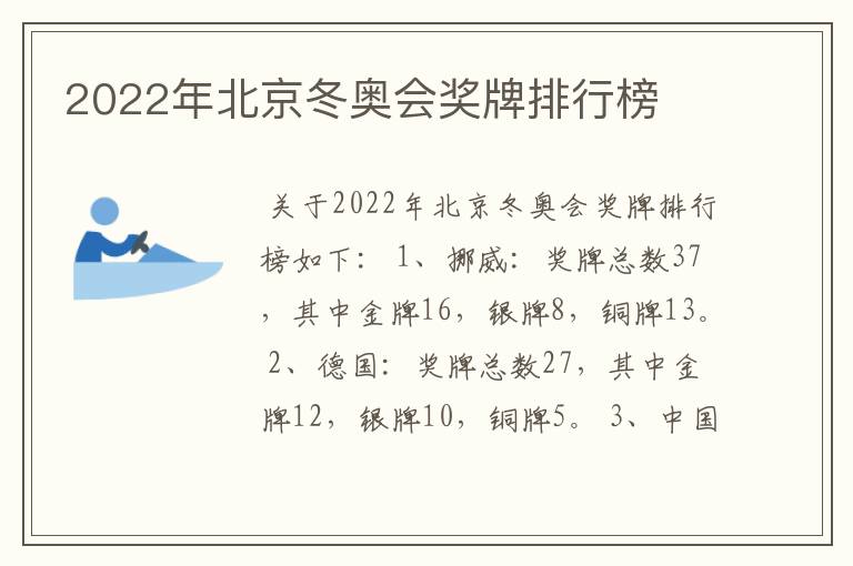 2022年北京冬奥会奖牌排行榜