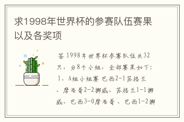 求1998年世界杯的参赛队伍赛果以及各奖项