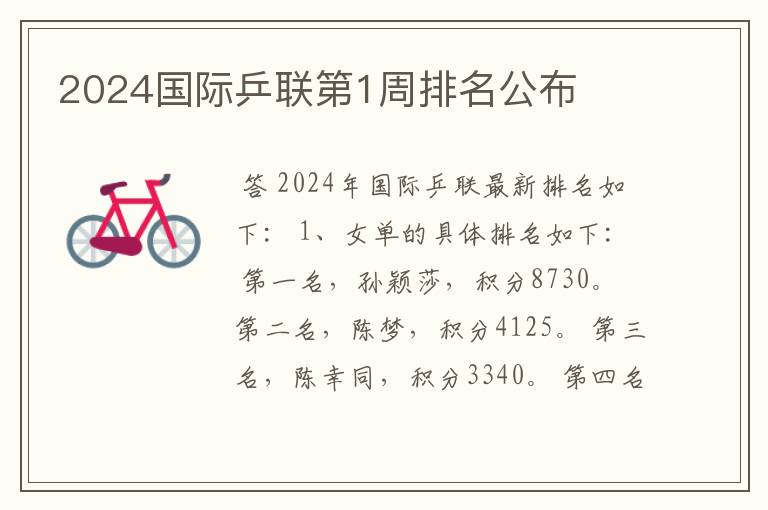 2024国际乒联第1周排名公布