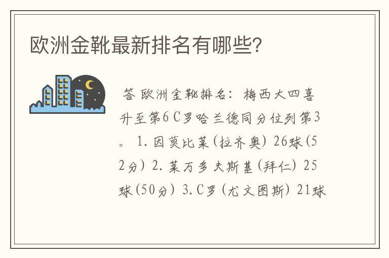 欧洲金靴最新排名有哪些？