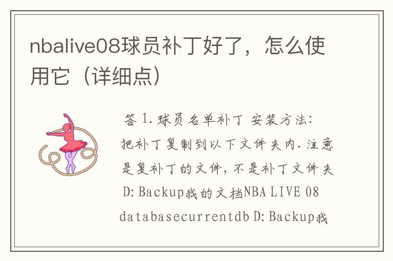 nbalive08球员补丁好了，怎么使用它（详细点）