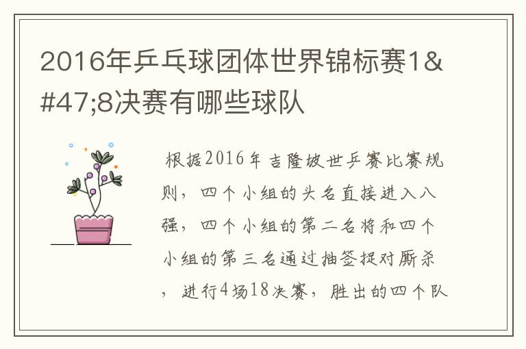 2016年乒乓球团体世界锦标赛1/8决赛有哪些球队