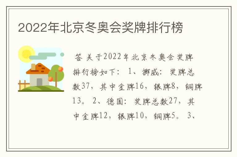 2022年北京冬奥会奖牌排行榜