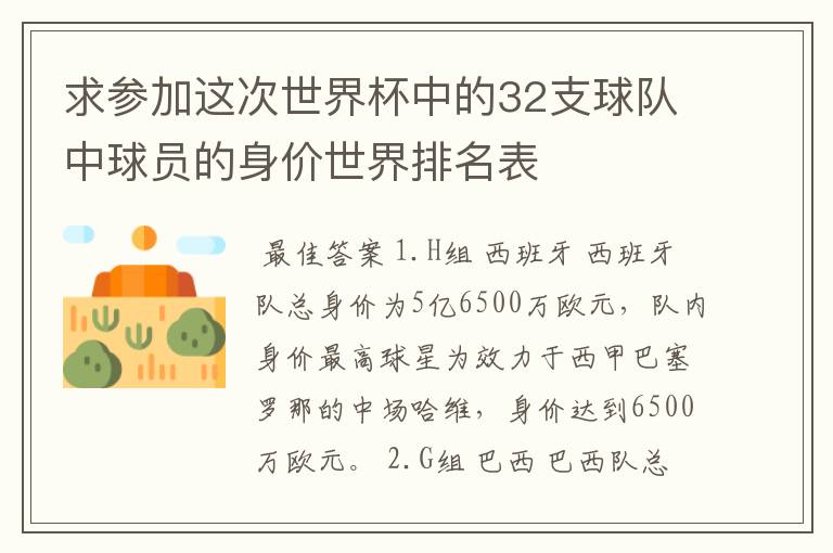 求参加这次世界杯中的32支球队中球员的身价世界排名表