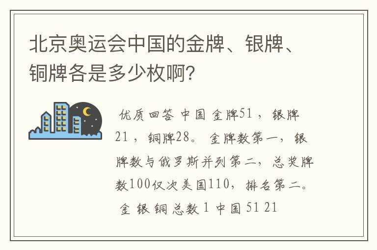 北京奥运会中国的金牌、银牌、铜牌各是多少枚啊？