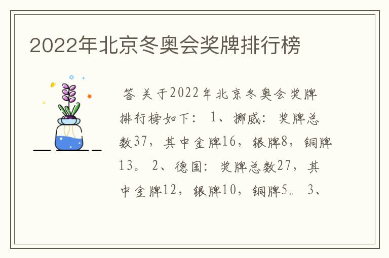 2022年北京冬奥会奖牌排行榜