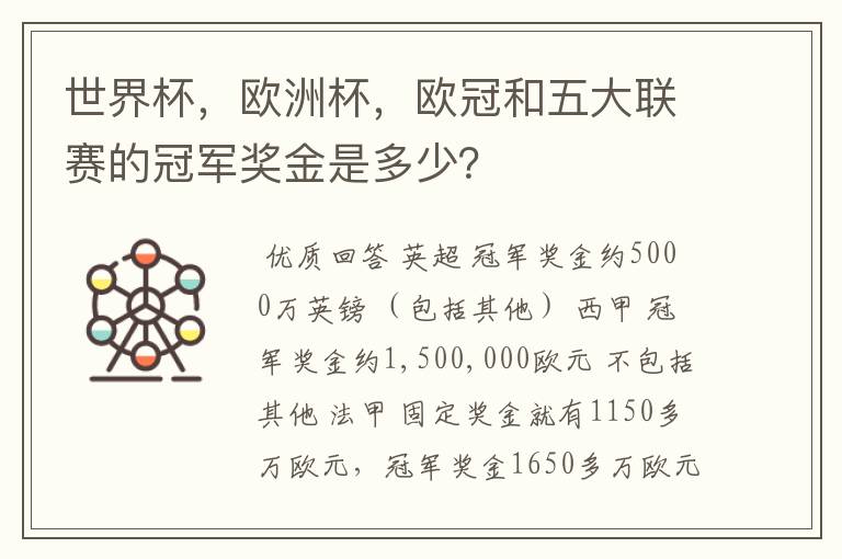 世界杯，欧洲杯，欧冠和五大联赛的冠军奖金是多少？