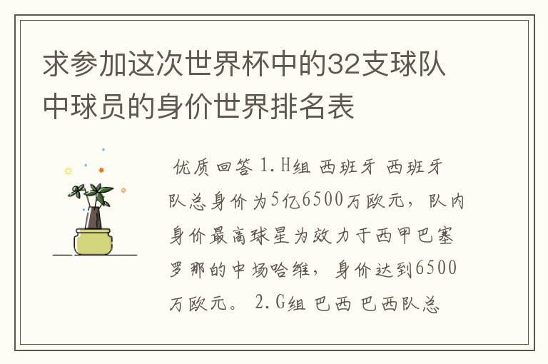 求参加这次世界杯中的32支球队中球员的身价世界排名表