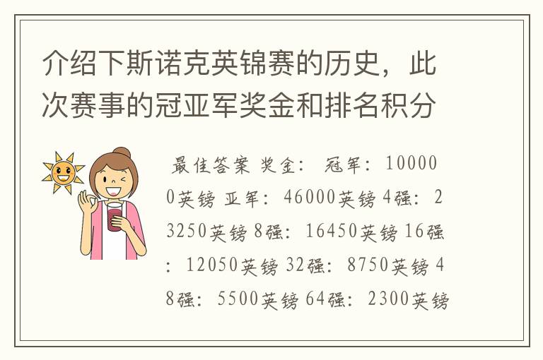 介绍下斯诺克英锦赛的历史，此次赛事的冠亚军奖金和排名积分各是多少？