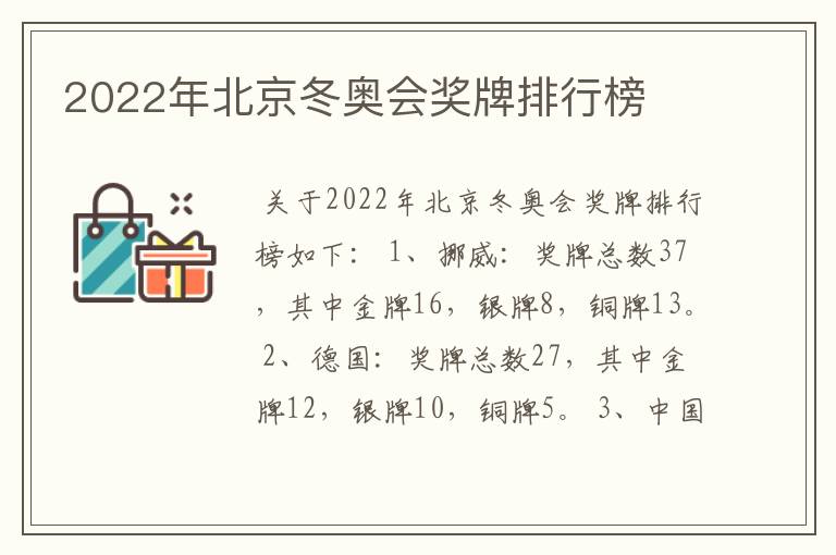 2022年北京冬奥会奖牌排行榜