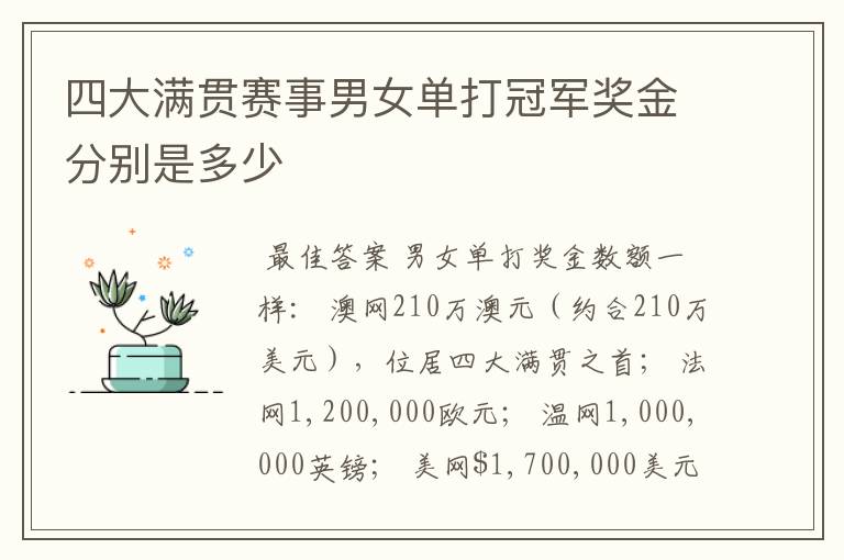 四大满贯赛事男女单打冠军奖金分别是多少