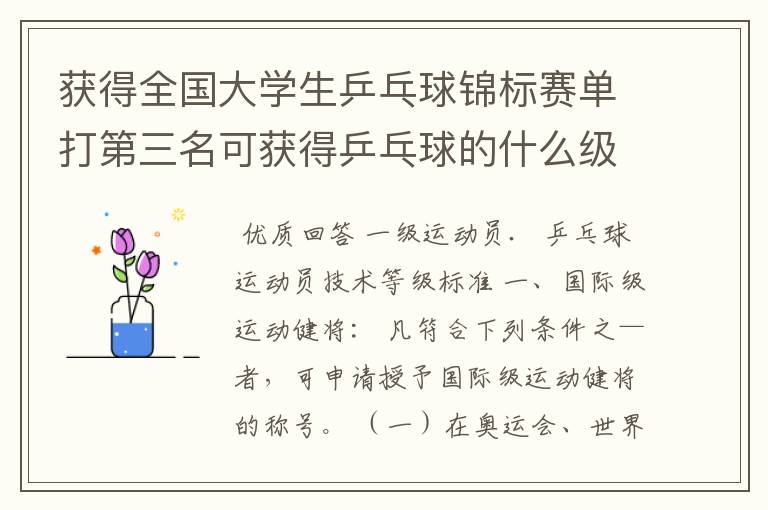 获得全国大学生乒乓球锦标赛单打第三名可获得乒乓球的什么级别?