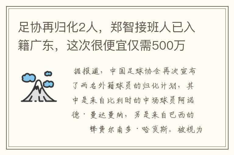足协再归化2人,郑智接班人已入籍广东,这次很便宜仅需500万