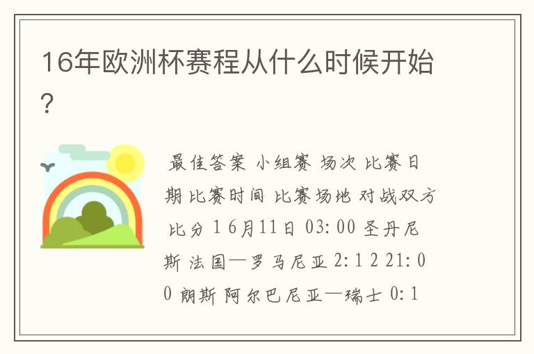 16年欧洲杯赛程从什么时候开始?