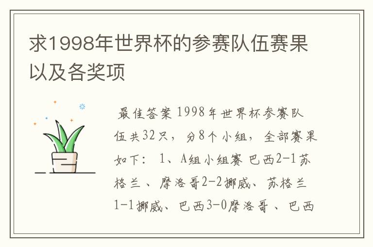 求1998年世界杯的参赛队伍赛果以及各奖项