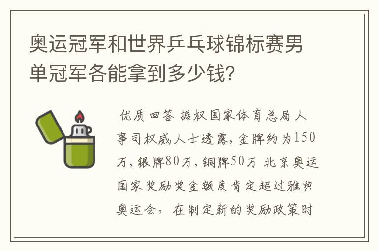 奥运冠军和世界乒乓球锦标赛男单冠军各能拿到多少钱？