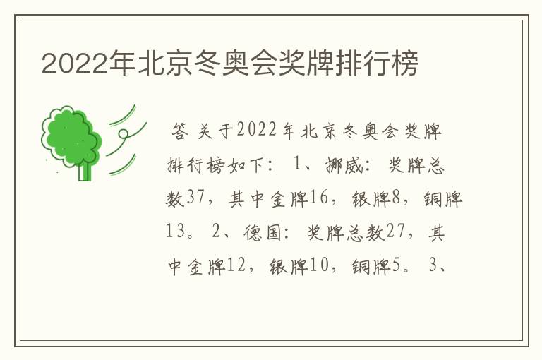 2022年北京冬奥会奖牌排行榜