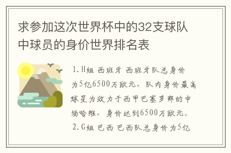 求参加这次世界杯中的32支球队中球员的身价世界排名表