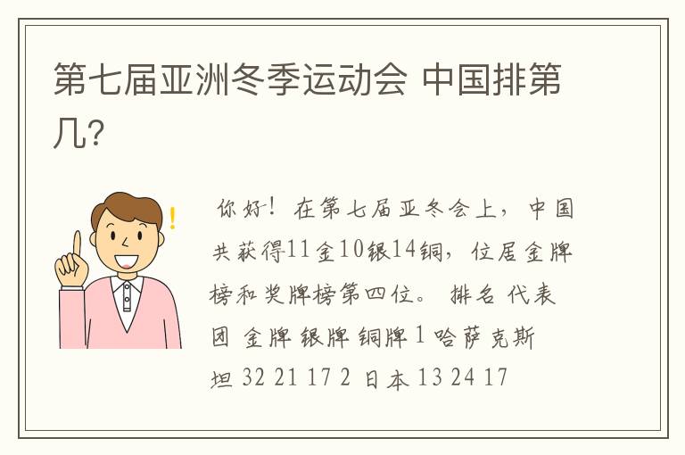 第七届亚洲冬季运动会 中国排第几?