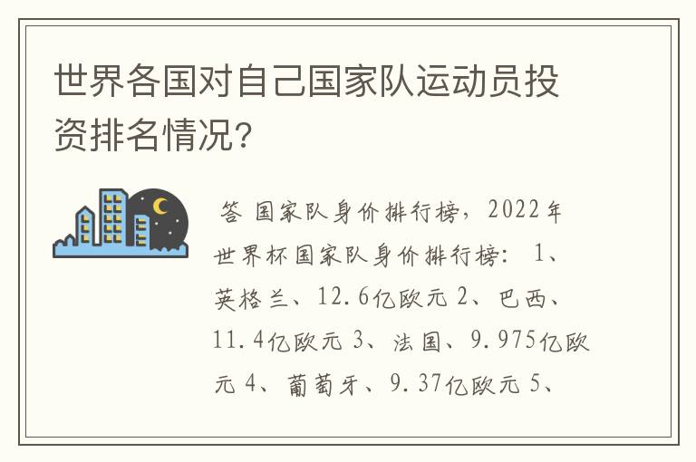 世界各国对自己国家队运动员投资排名情况?