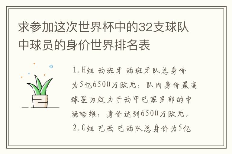 求参加这次世界杯中的32支球队中球员的身价世界排名表