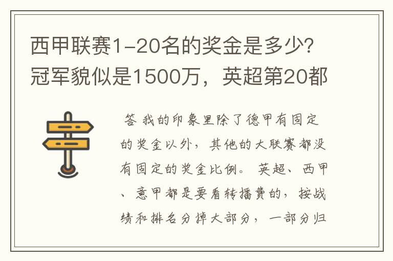 西甲联赛1-20名的奖金是多少？冠军貌似是1500万，英超第20都是4000万呀！