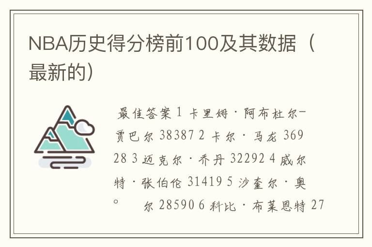 NBA历史得分榜前100及其数据（最新的）